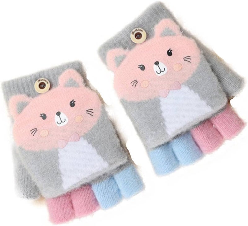 Kids Convertible Flip Top Gloves Children Winter Warm Knitted Fingerless Mittens for Boys Girls 6-10 Years Old